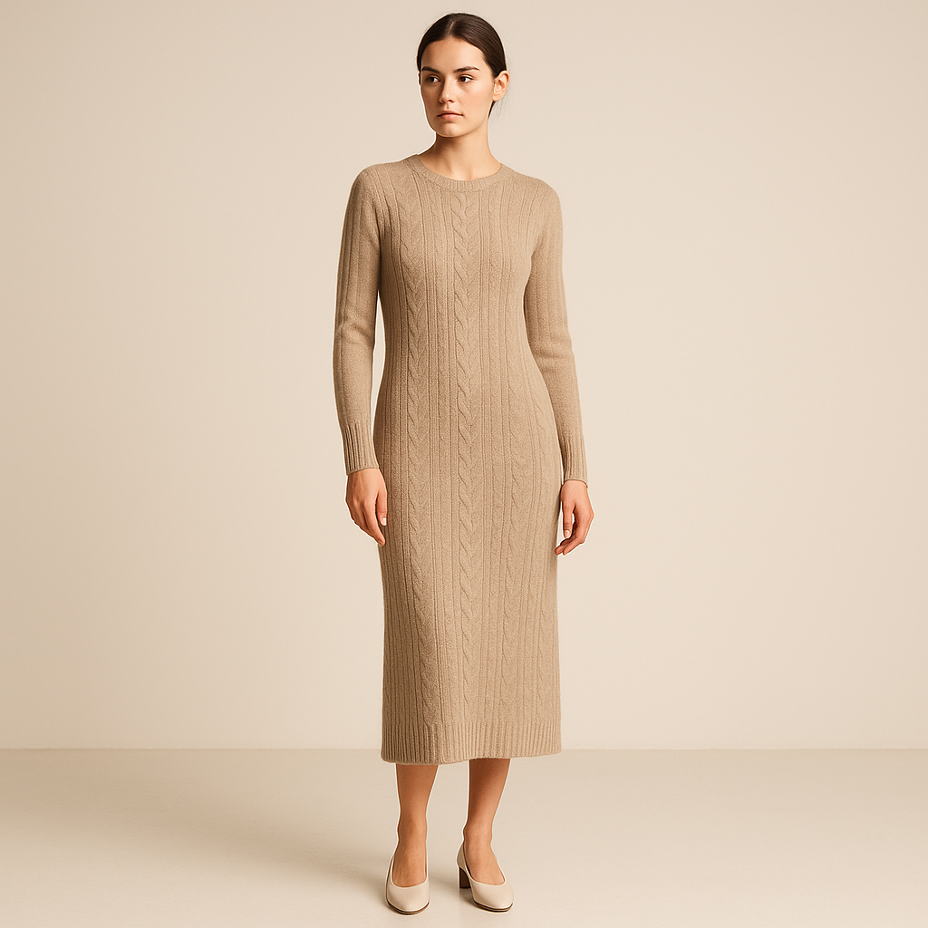 Vestido midi beige de punto con manga larga y cuello redondo