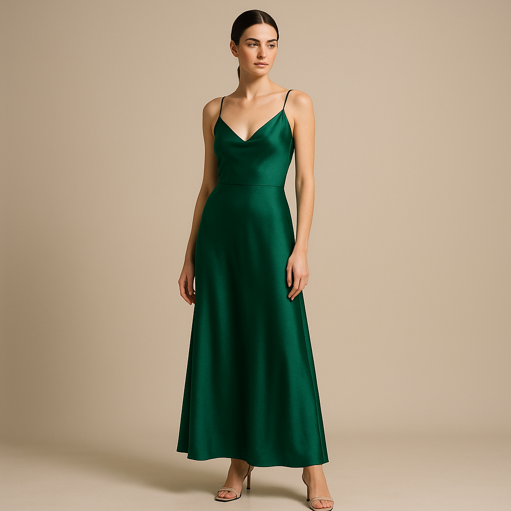 Vestido maxi verde oscuro con tirantes finos y escote en V