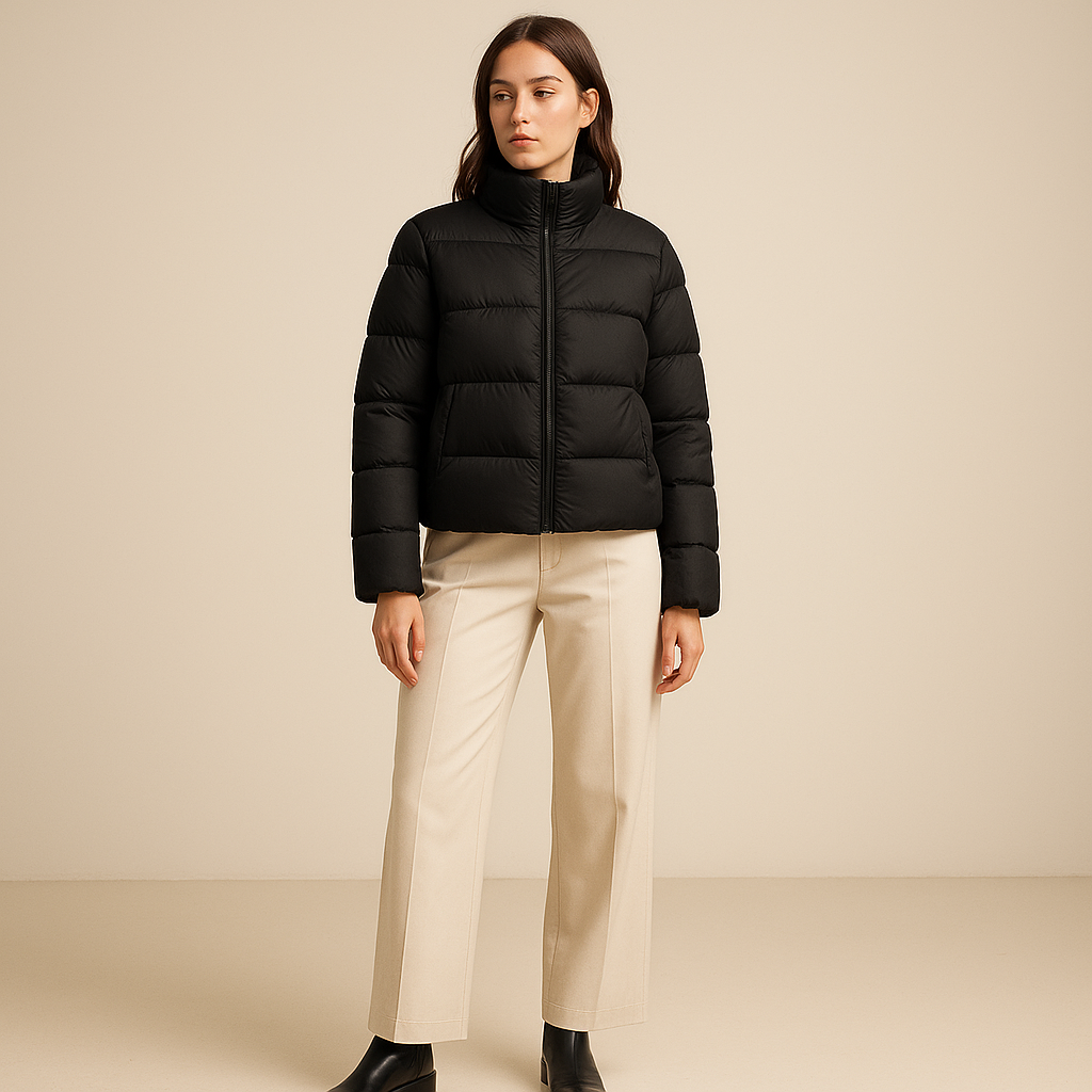 Chaqueta acolchada negra de manga larga con diseño corto y cierre frontal