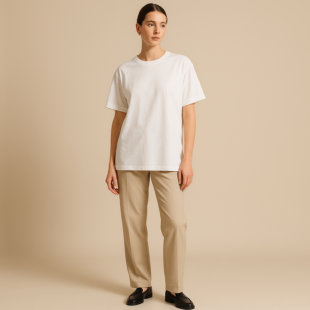 Camiseta blanca de manga corta con cuello redondo y corte recto