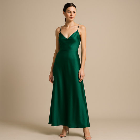 Vestido maxi verde oscuro con tirantes finos y escote en V