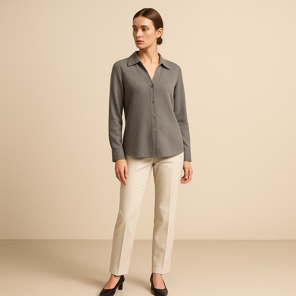Blusa gris de manga larga con cierre abotonado y cuello clásico