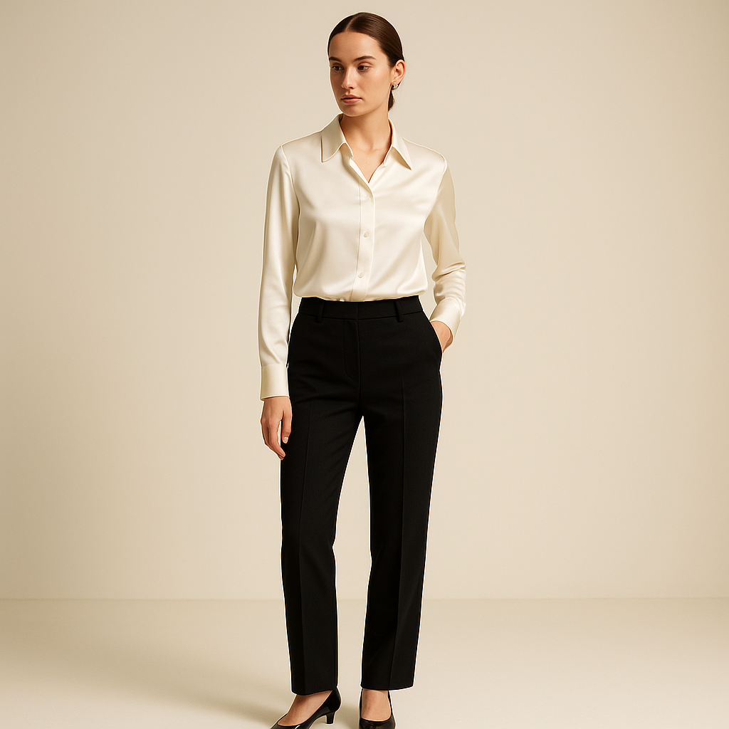 Blusa color crema de manga larga con cuello camisero y diseño clásico