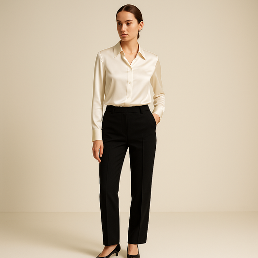 Blusa color crema de manga larga con cuello camisero y diseño clásico