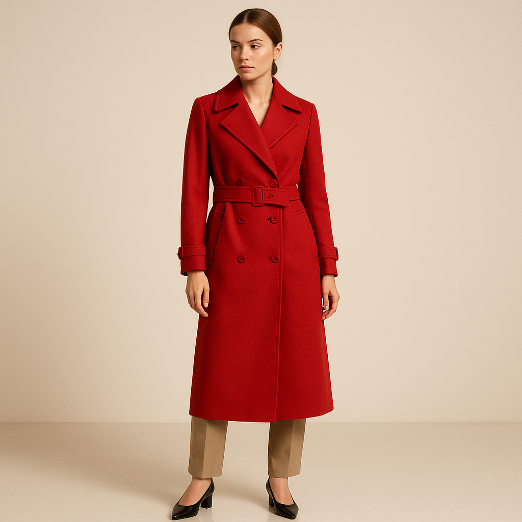 Abrigo largo rojo con cinturón, diseño cruzado y solapas clásicas