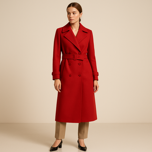 Abrigo largo rojo con cinturón, diseño cruzado y solapas clásicas