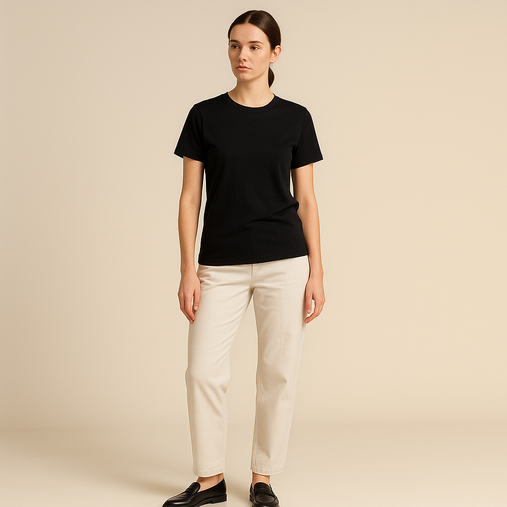 Camiseta negra de manga corta con cuello redondo y corte recto