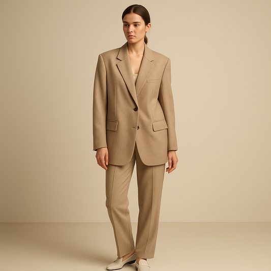 Blazer beige de manga larga con solapas clásicas y corte entallado